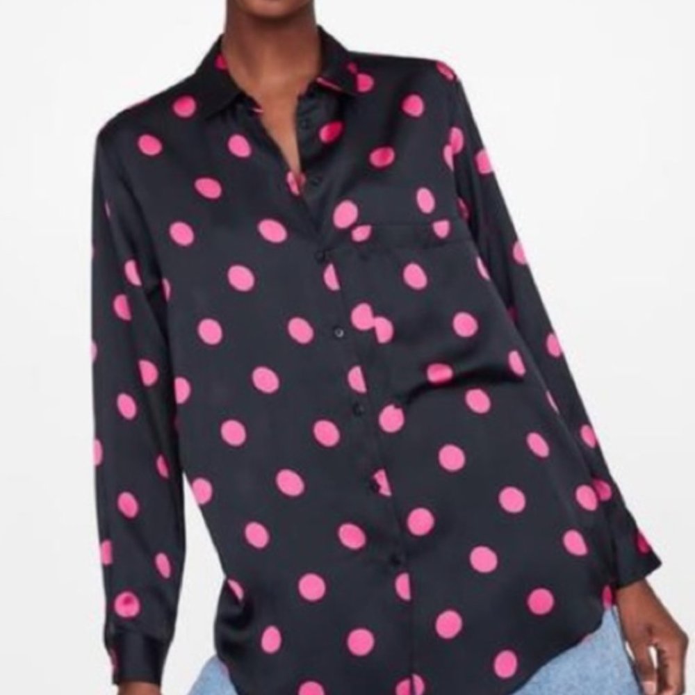 Zara Black and Pink Polka Dot Button Down Shirt